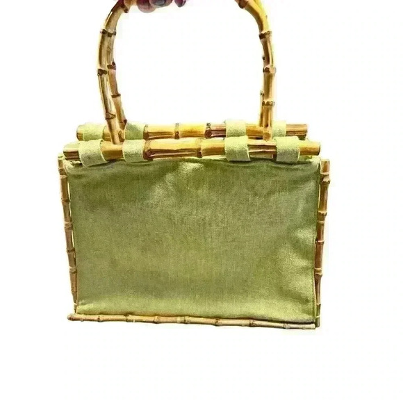 Vintage Bamboo 54 Green Fabric Handbag Magnetic‎ Closure Summer Beach Vacation - Picture 11 of 11